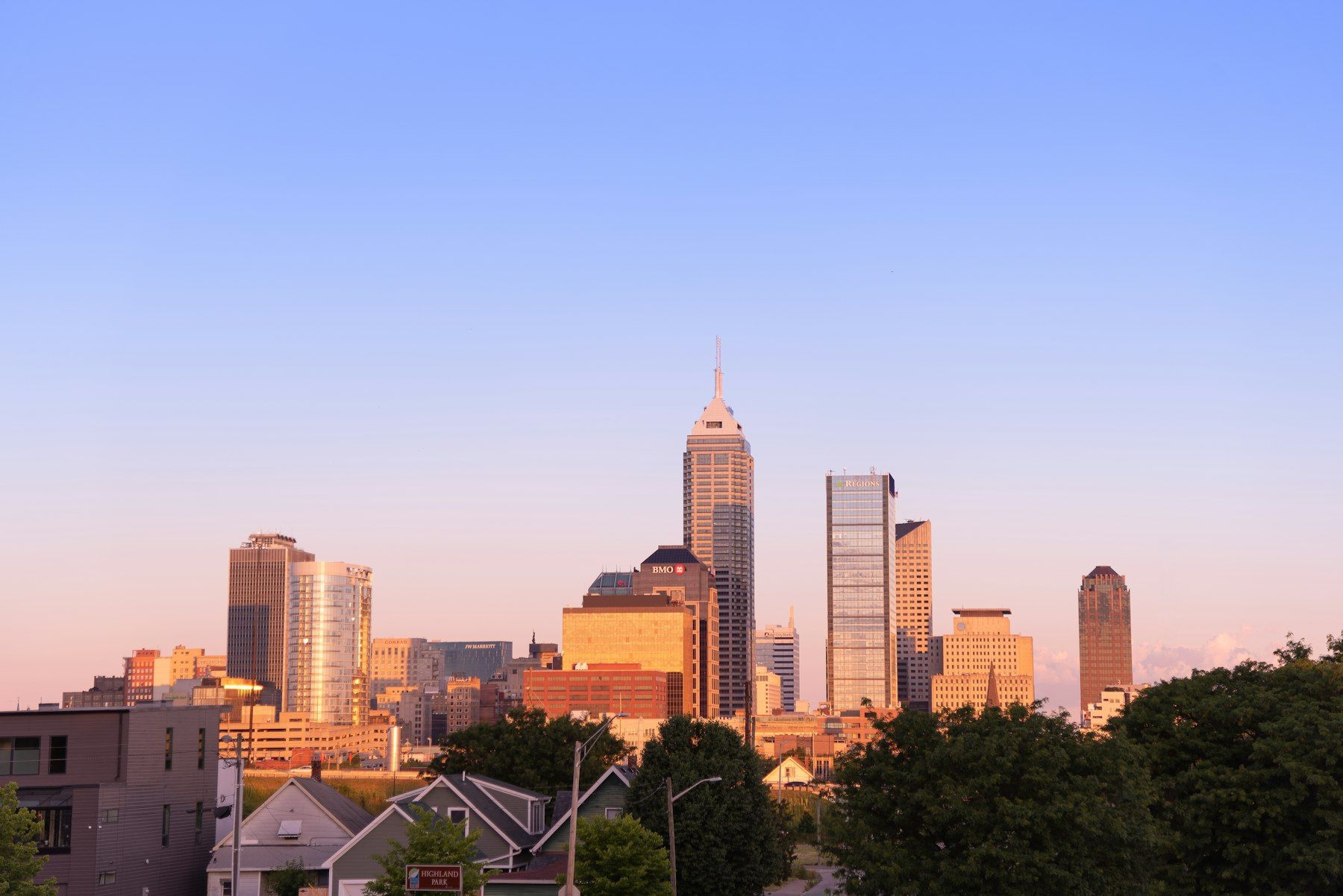 City skyline under a blue sky